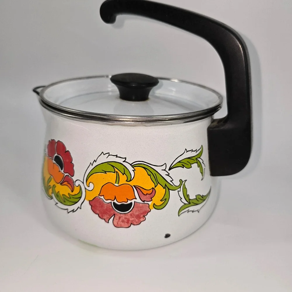 Vintage Cer-A-Met Enamel Tea Kettle Retro Floral Rare Pattern Mod Poppy